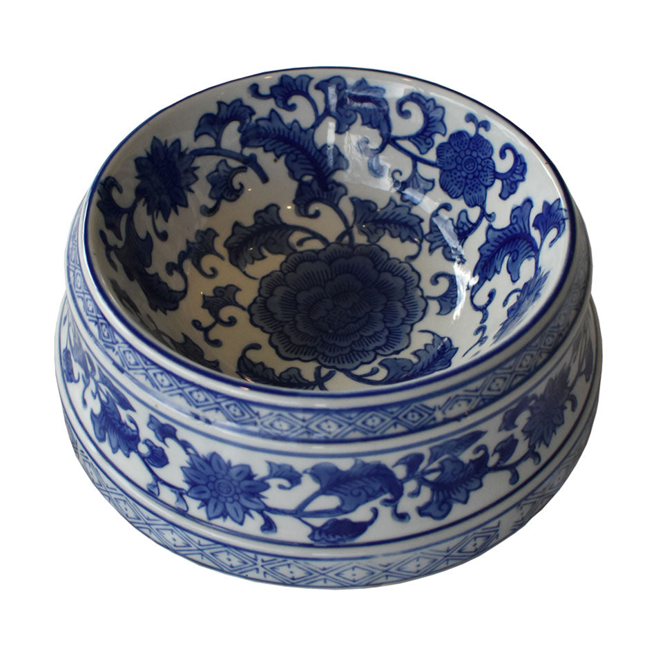 Blue and White Floral Dog Bowl Large