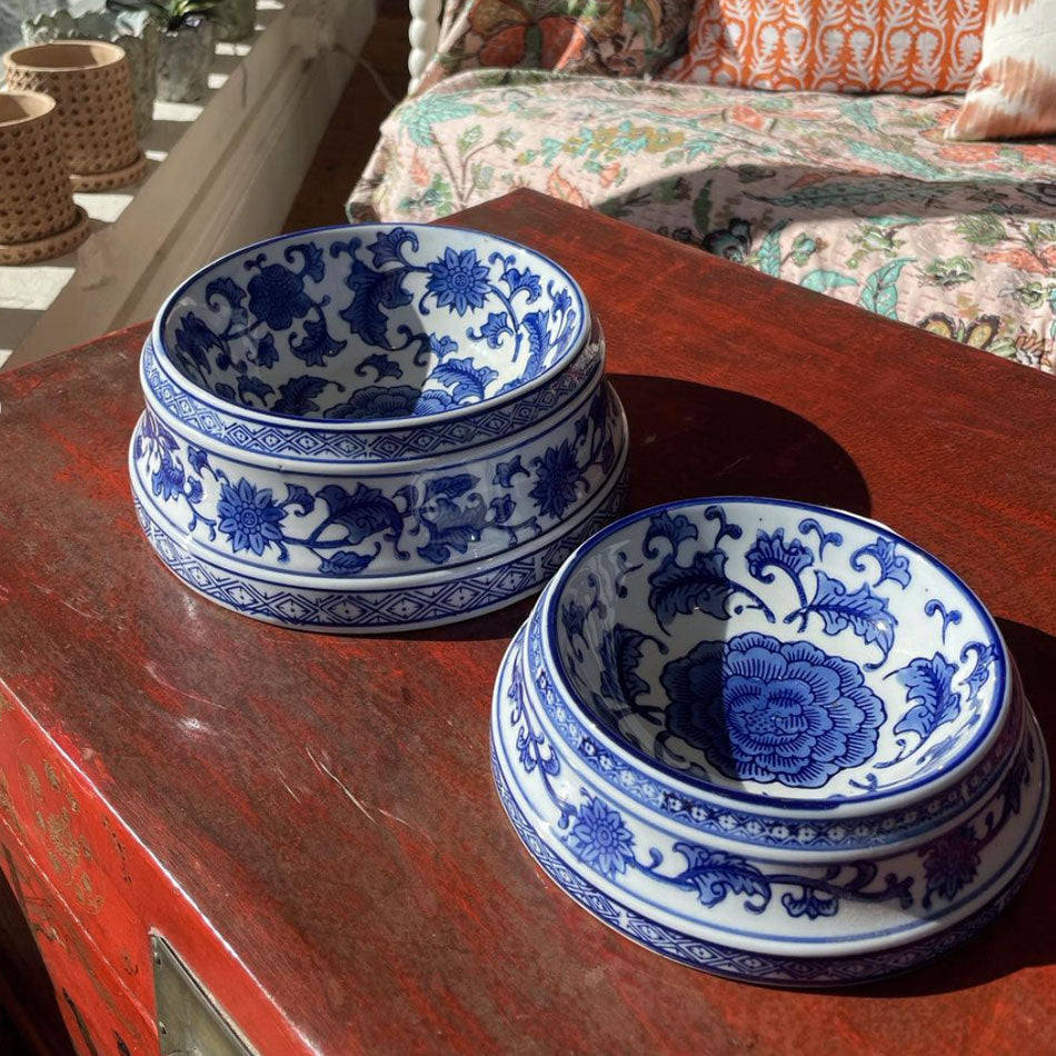 Blue and White Floral Dog Bowl Small