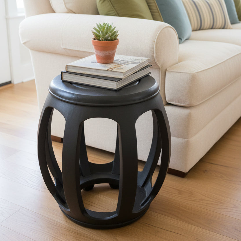 Vintage Black Drum Stool-45cm H