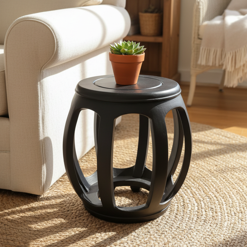 Vintage Black Drum Stool-45cm H