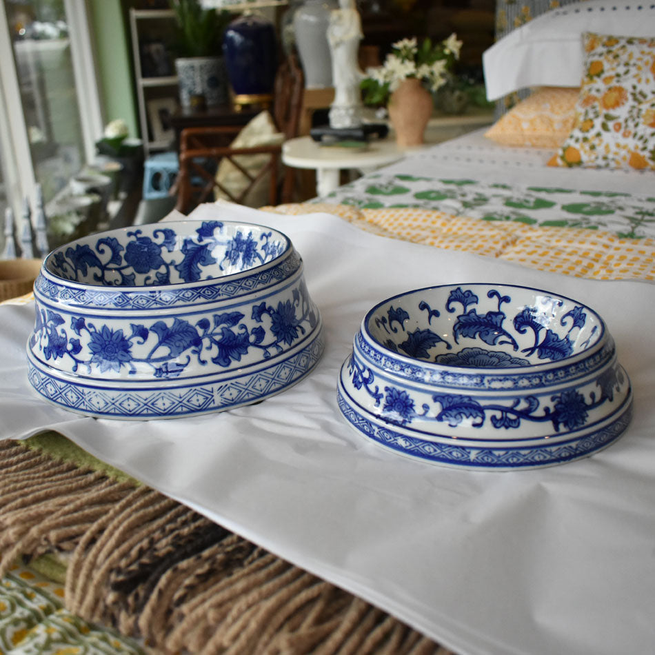 Blue and White Floral Dog Bowl Large