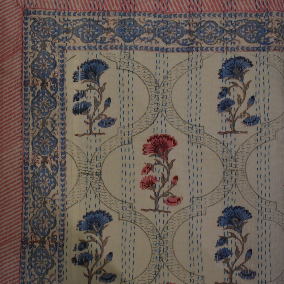 Kantha Pale Pink Blue Flower 268x240cm
