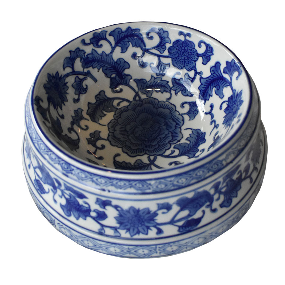 Blue and White Floral Dog Bowl Large