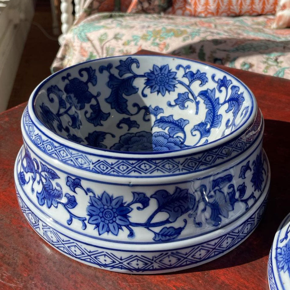 Blue and White Floral Dog Bowl Large