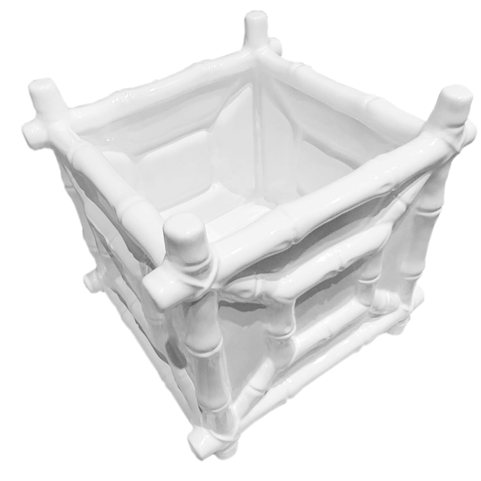 Faux Bamboo White Square Ceramic Cachepot at Pigott's Store