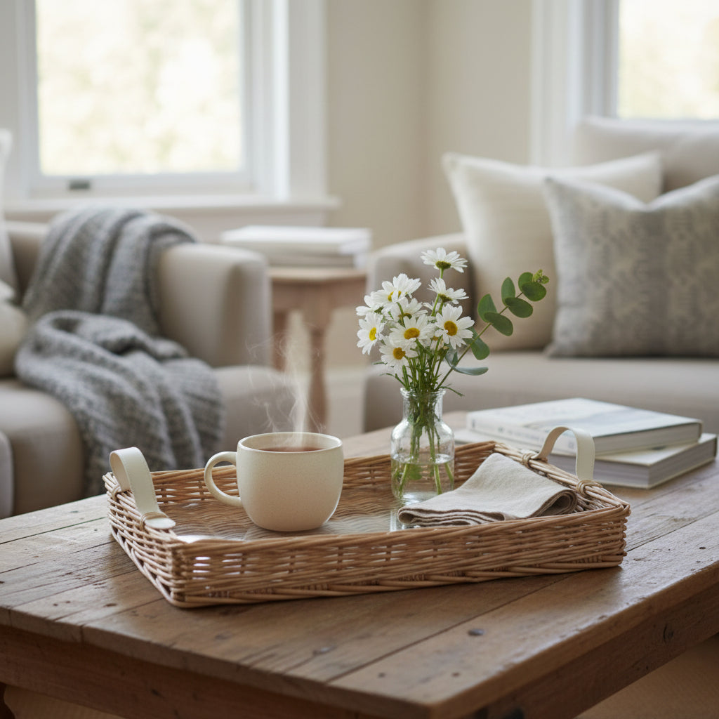 Wicker Tray With Coloured Handle at Pigott's Store